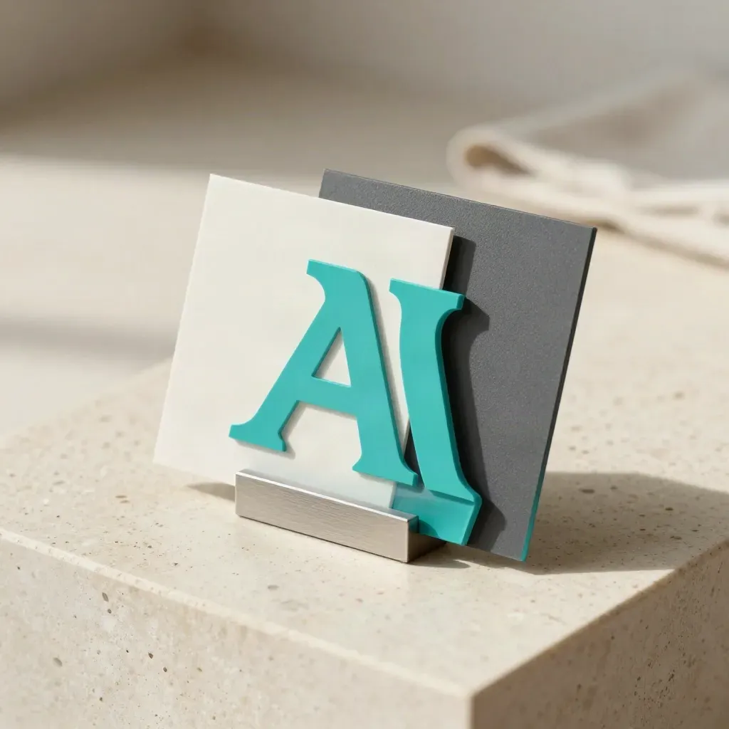 Logo abstrait en acrylique mat avec cartes découpées sur pierre claire, lumière chaude.