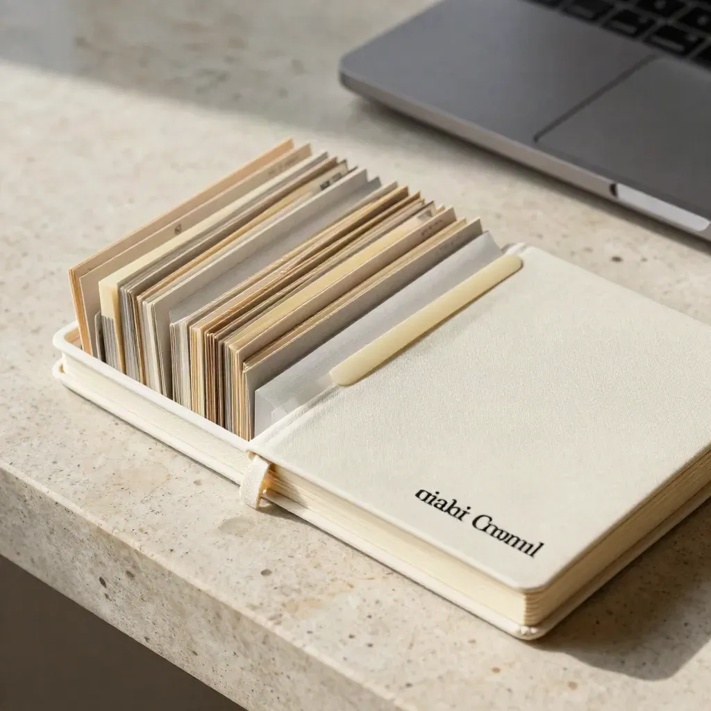 Vue du dessus d’un carnet fermé, de cartes et de post-it sur travertin, avec un ordinateur en biais.