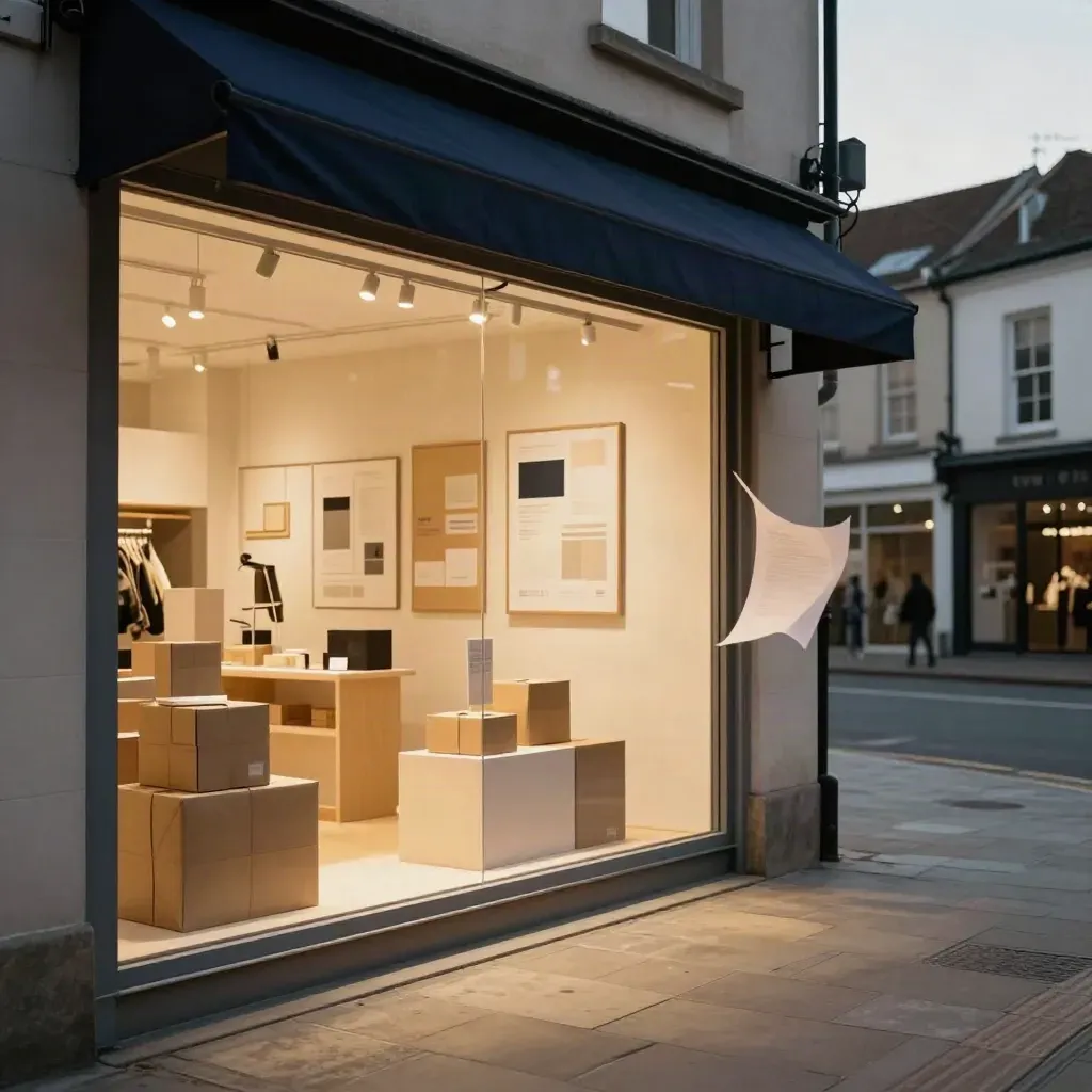 Devanture d’une boutique locale prête à ouvrir, vitrines lumineuses, cartons et mur d’affiches.