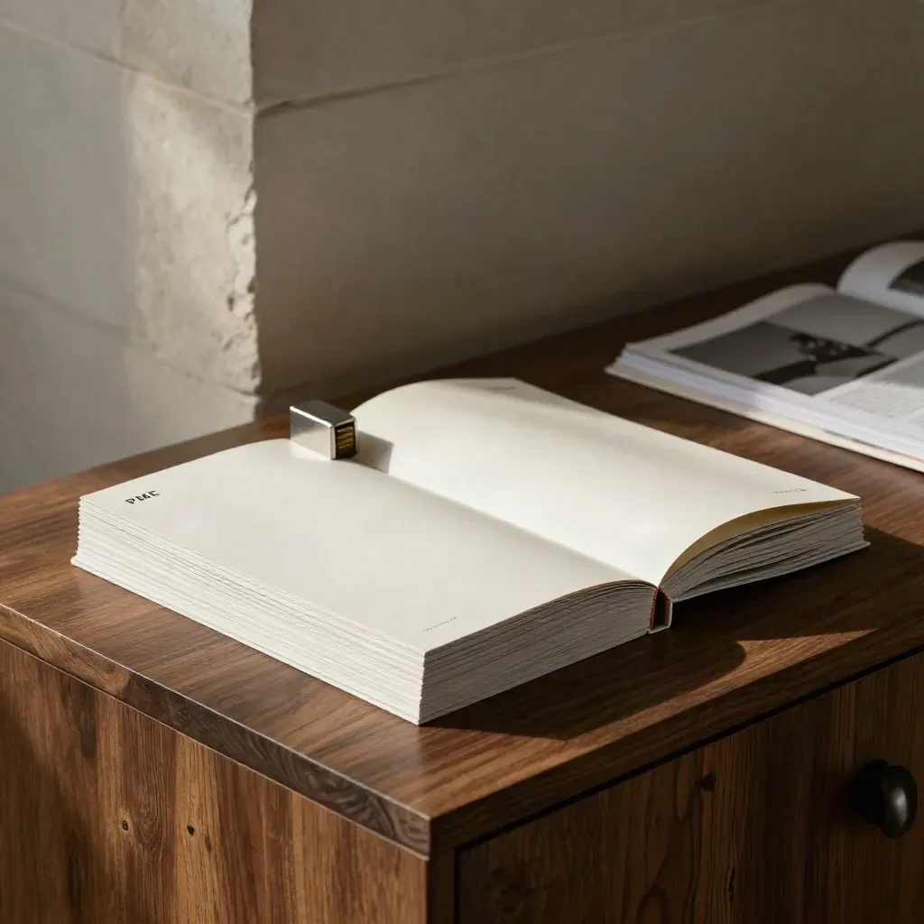 Brochures PME posées sur une crédence en noyer, lumière dramatique, ambiance premium.